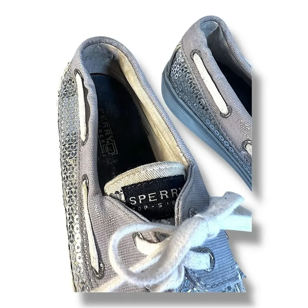 SPERRY TOP SIDERS Silver Sequin and Ivory or beige SZ 7.5